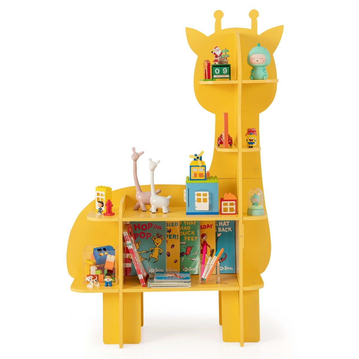 The yellow giraffe toy storage unit with various toys and books arranged on its shelves