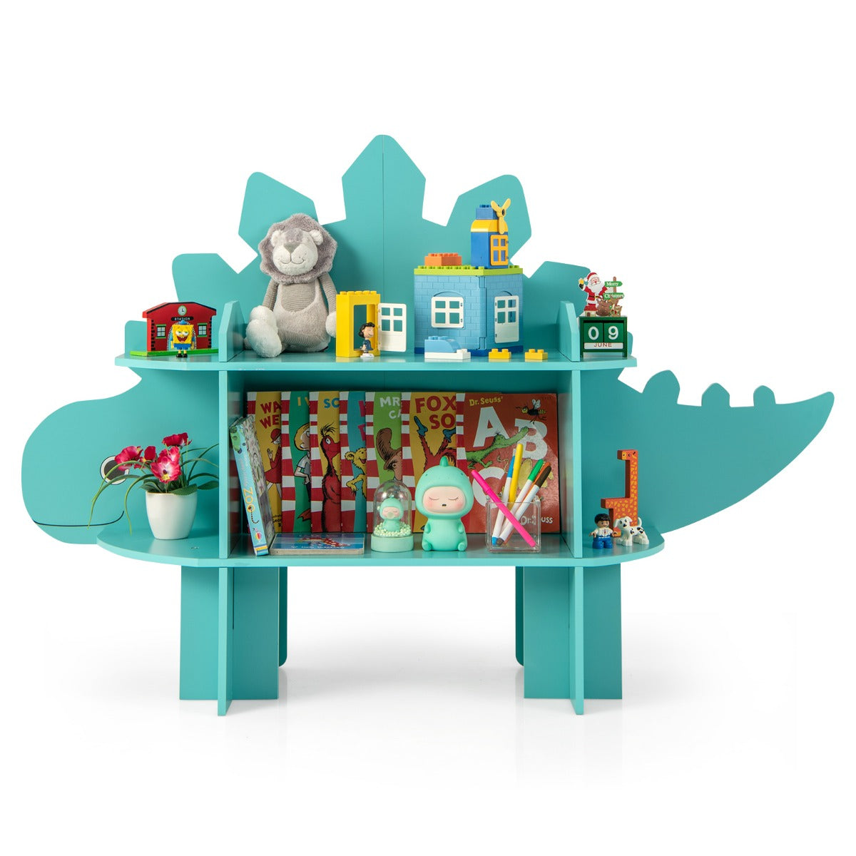 The kids storage unit displaying various toys and books on its two open shelves