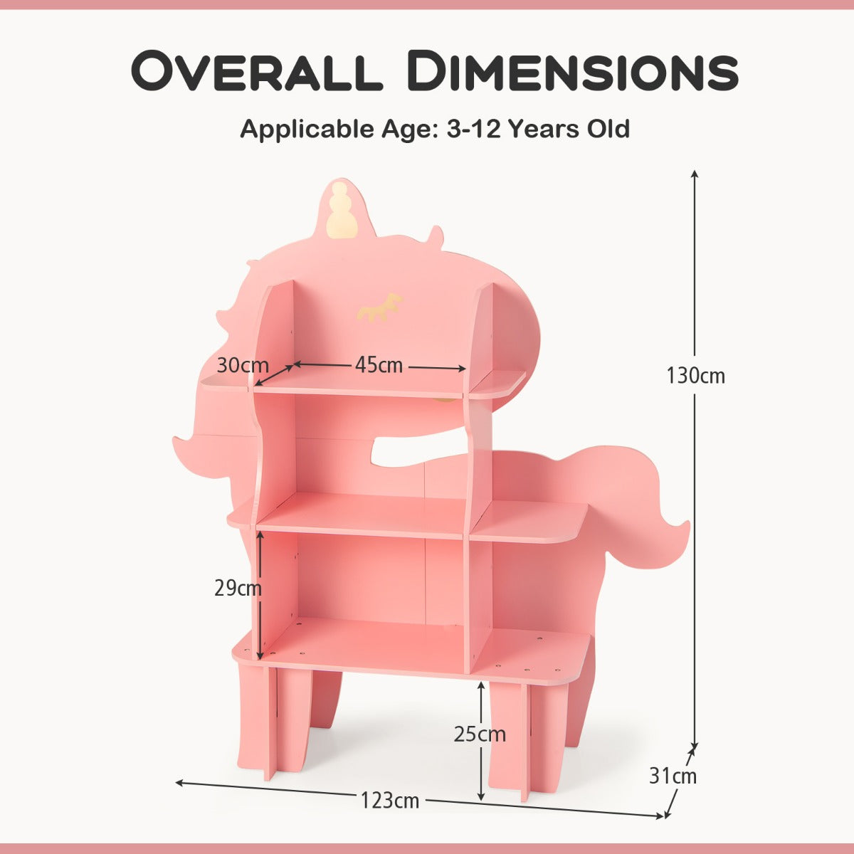 Pink unicorn toy storage unit with dimensions labelled
