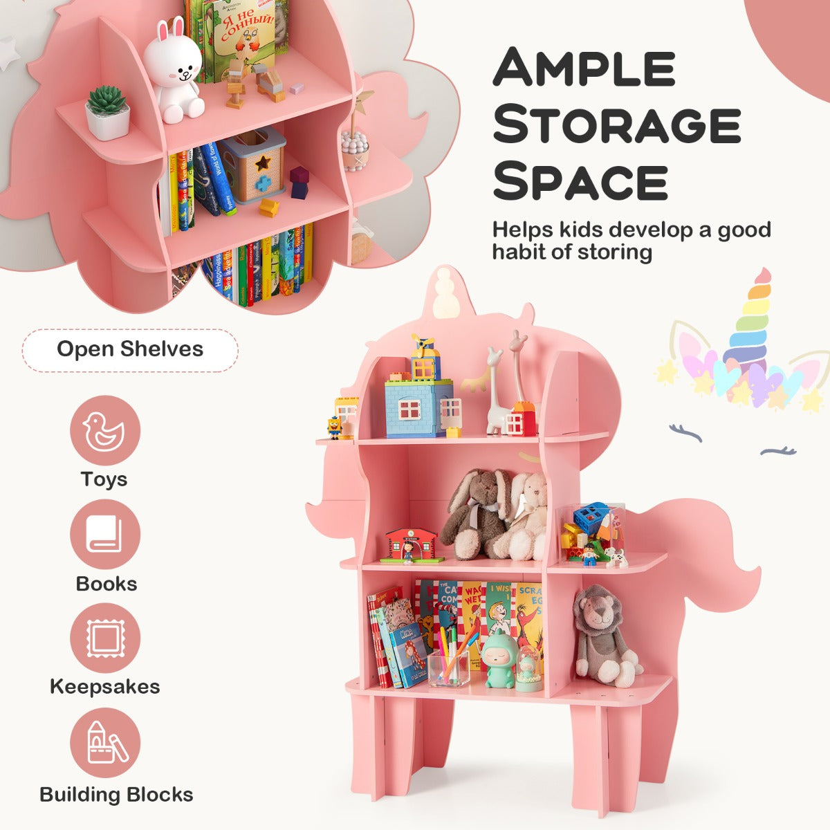 Pink unicorn storage unit with open shelves for toys and books