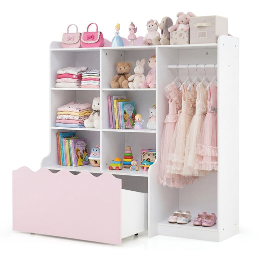 Kids Toy Storage Organizer with clothing rack and pink drawer