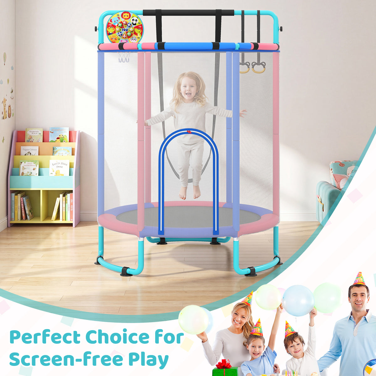 Family enjoying the blue and pink kids trampoline indoors for screen-free play