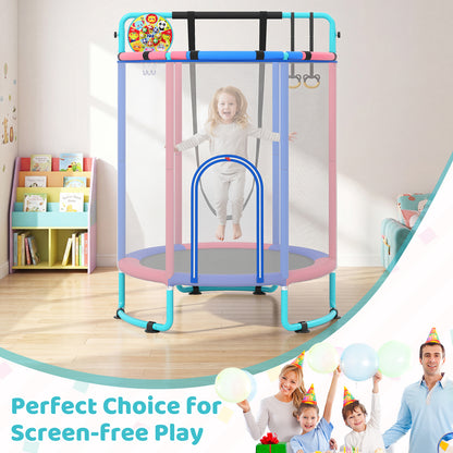 Family enjoying the blue and pink kids trampoline indoors for screen-free play
