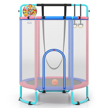 Blue and pink kids trampoline with safety net and a basketball inside