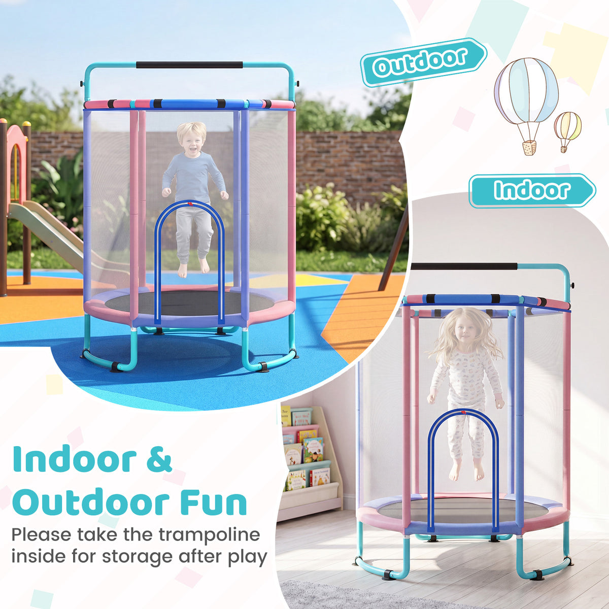 Blue and pink kids trampoline shown for both indoor and outdoor use