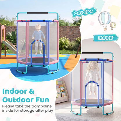 Blue and pink kids trampoline shown for both indoor and outdoor use