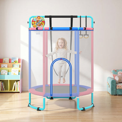 Blue and pink kids trampoline with safety net and hanging rings, set up indoors