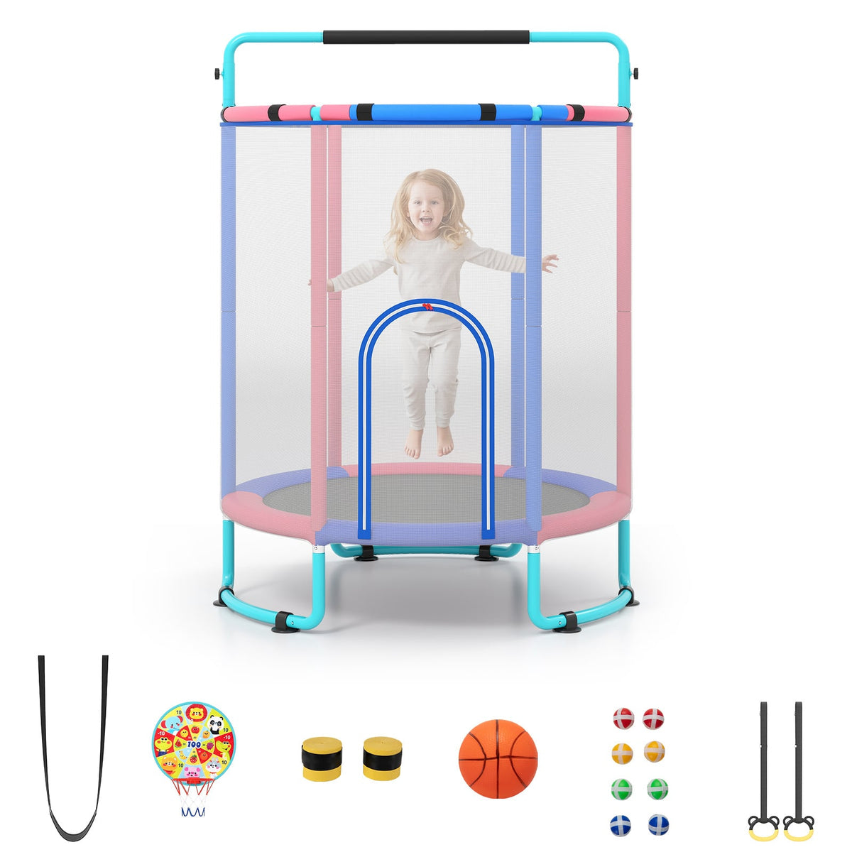 Kids Trampoline with safety net and accessories including a basketball and a dartboard