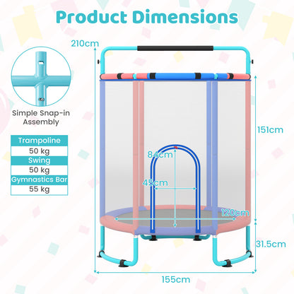 Product dimensions diagram for the blue and pink kids trampoline