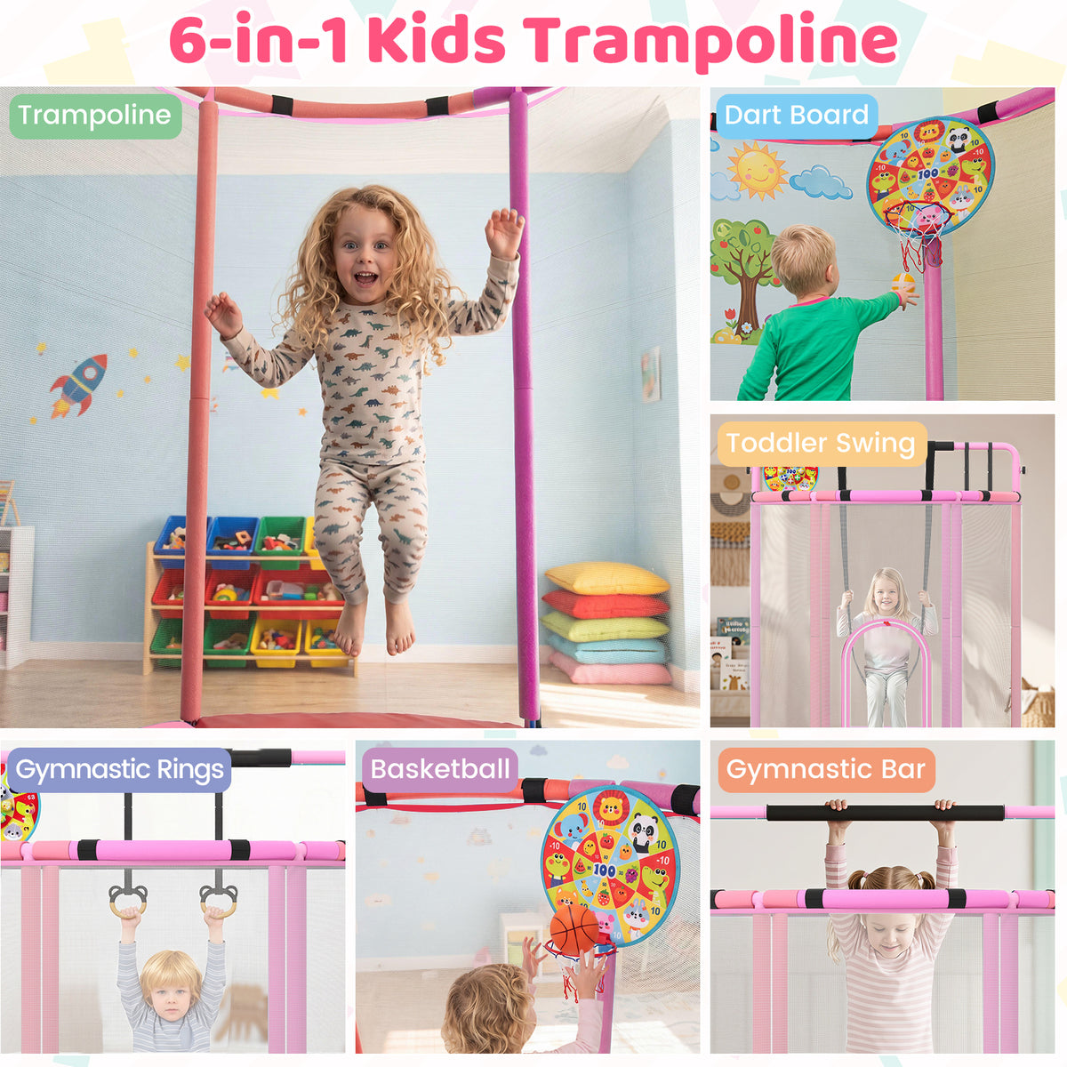 Collage showing the purple kids trampoline with various accessories and activities