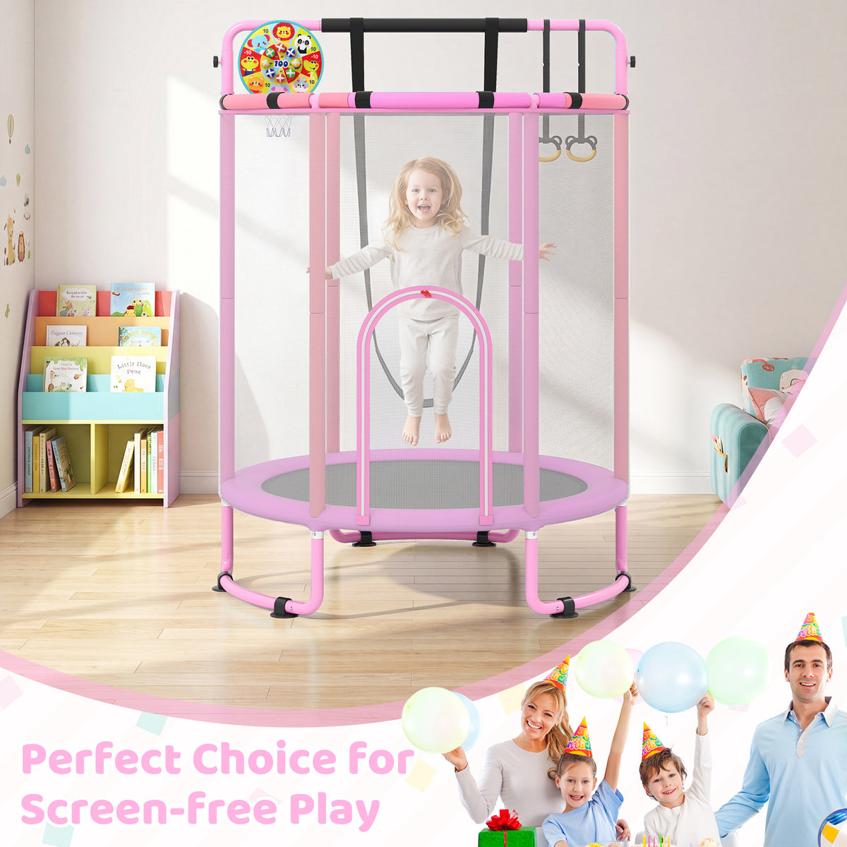 Family enjoying the purple kids trampoline indoors for screen-free play