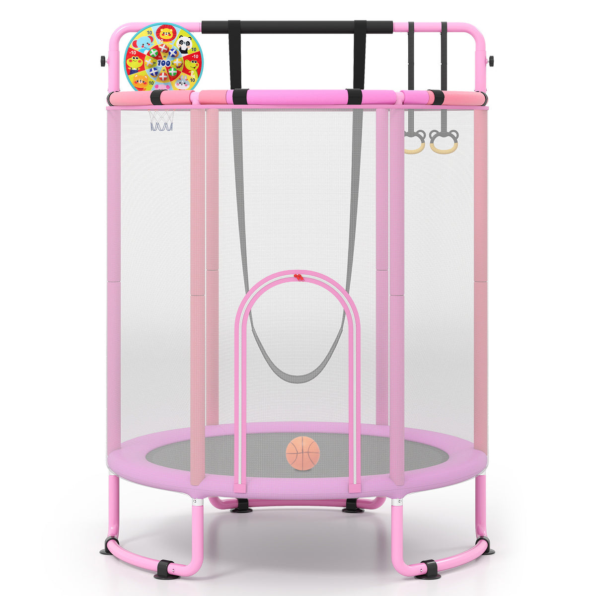 Purple Kids Trampoline with safety net and gymnastic bar