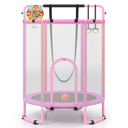 Purple Kids Trampoline with safety net and gymnastic bar
