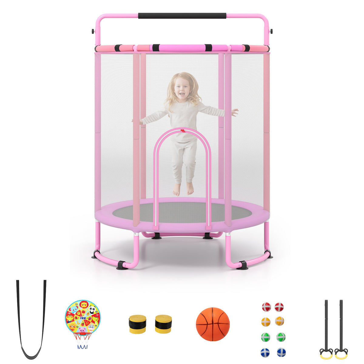 Kids Trampoline with safety net and accessories including basketball and dartboard
