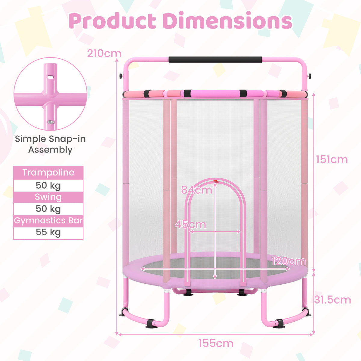 Product dimensions diagram for the purple kids trampoline