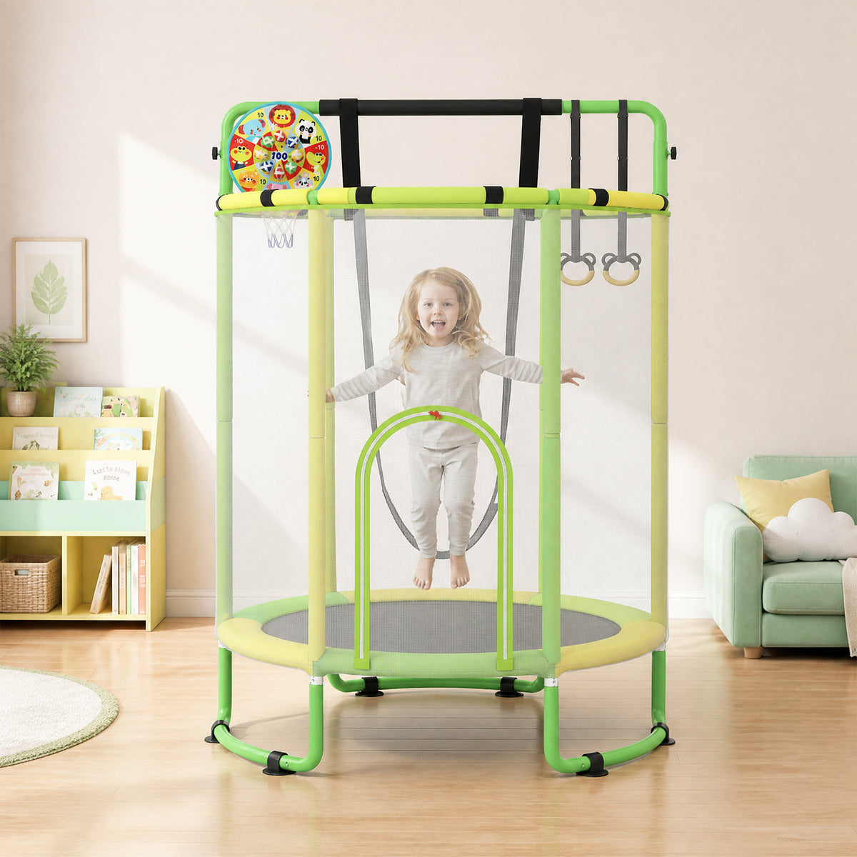 A young girl happily jumping on the yellow and green kids trampoline indoors