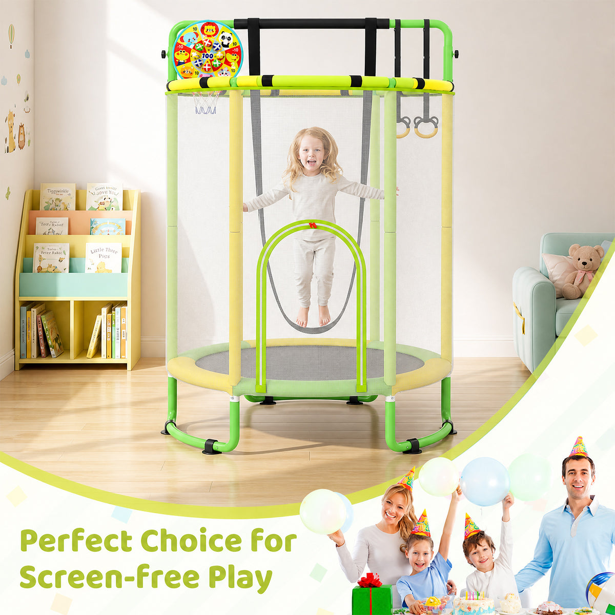 A family enjoying screen-free play time with the kids trampoline