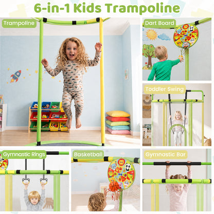 Collage showing the different play features of the kids trampoline
