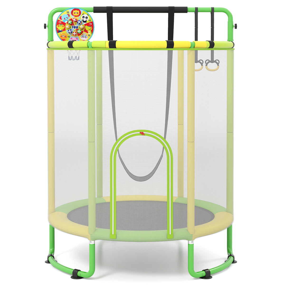 The yellow and green kids trampoline with safety net and gymnastic rings