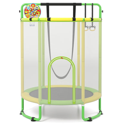 The yellow and green kids trampoline with safety net and gymnastic rings