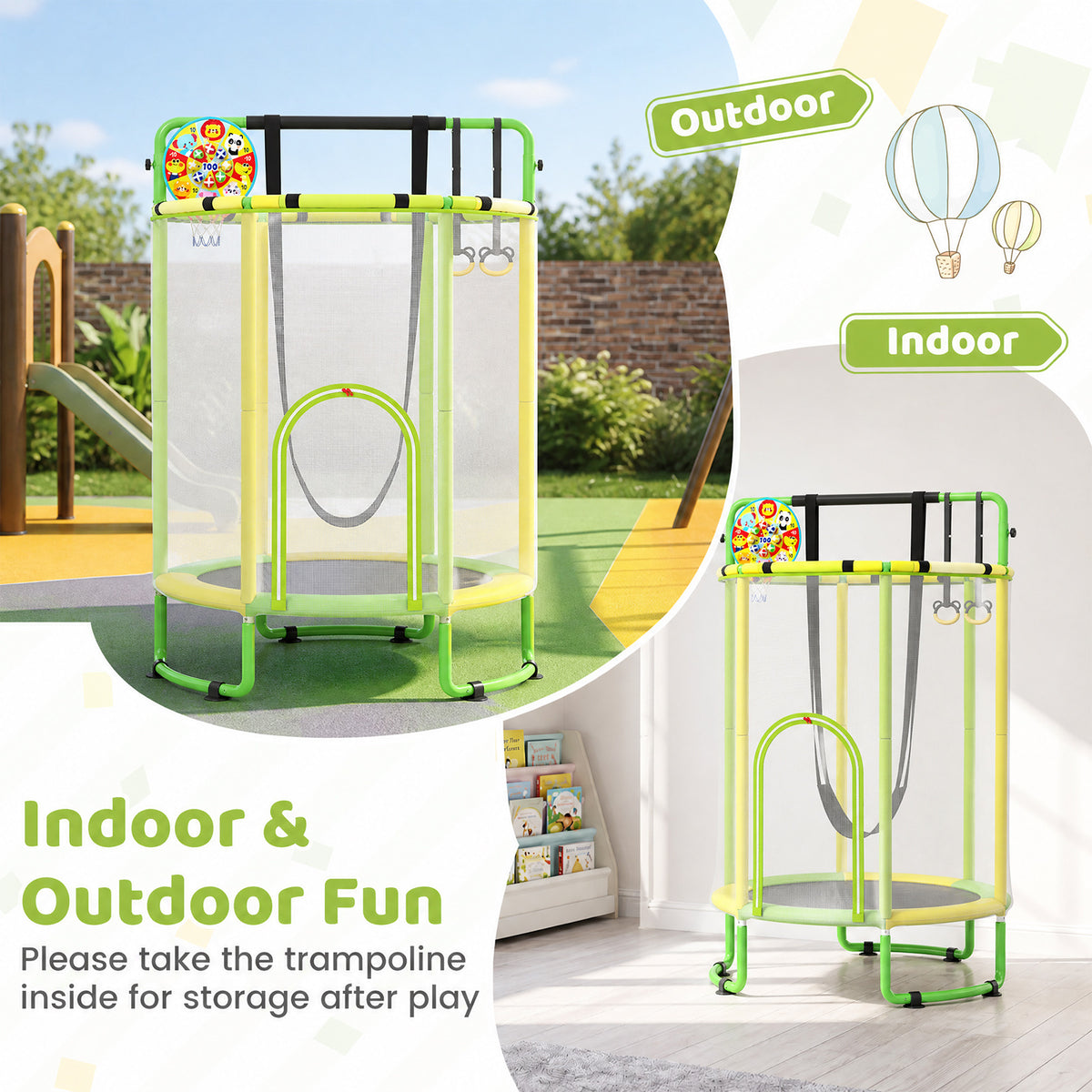 The yellow and green kids trampoline shown for indoor and outdoor use