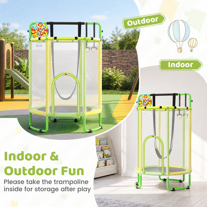 The yellow and green kids trampoline shown for indoor and outdoor use