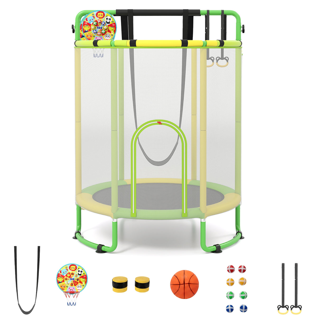 Kids Trampoline with safety net, yellow and green frame, and accessories