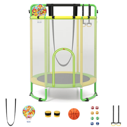 Kids Trampoline with safety net, yellow and green frame, and accessories
