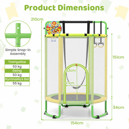 Product dimensions diagram for the yellow and green kids trampoline