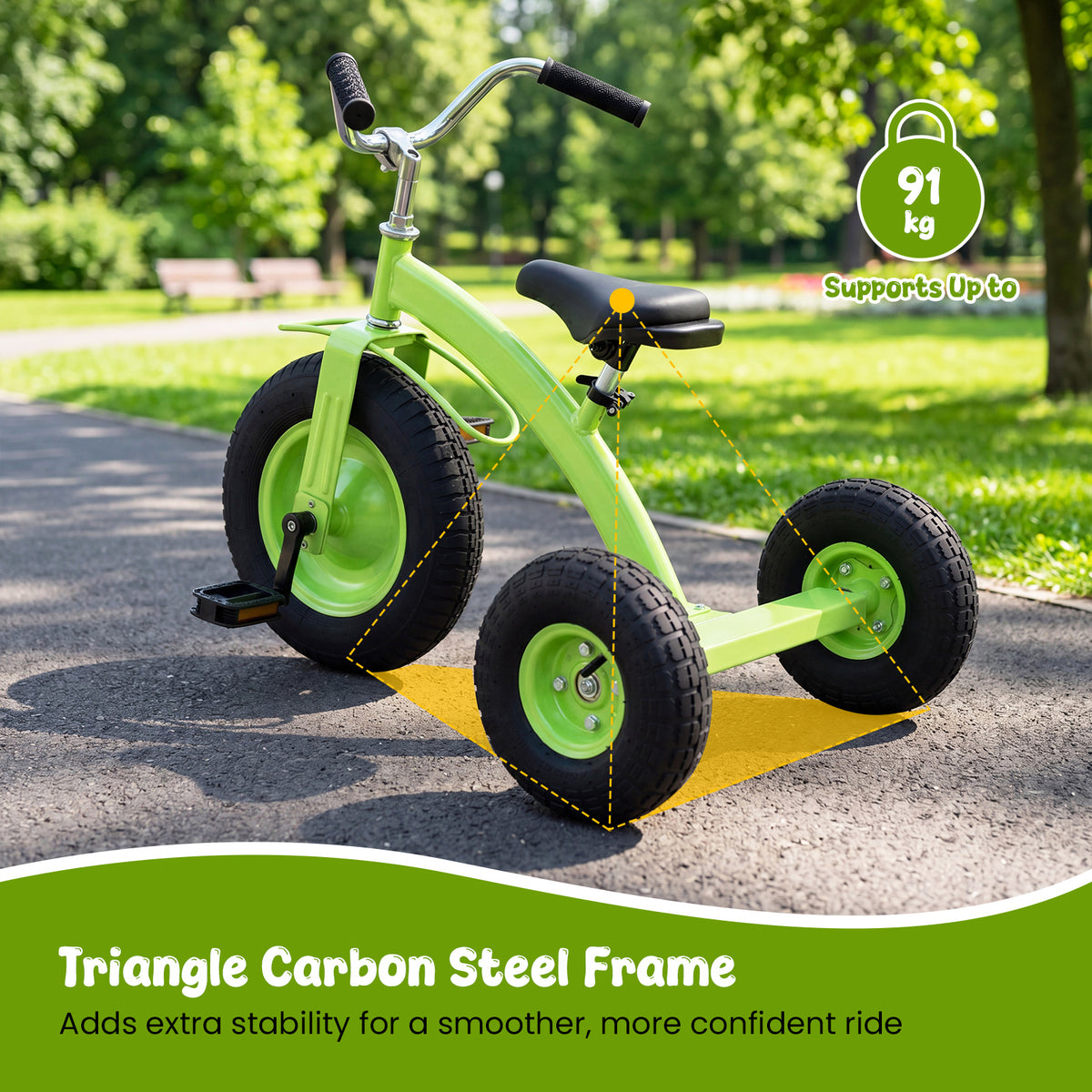 Close-up of the green kids tricycle frame and wheels with text about stability