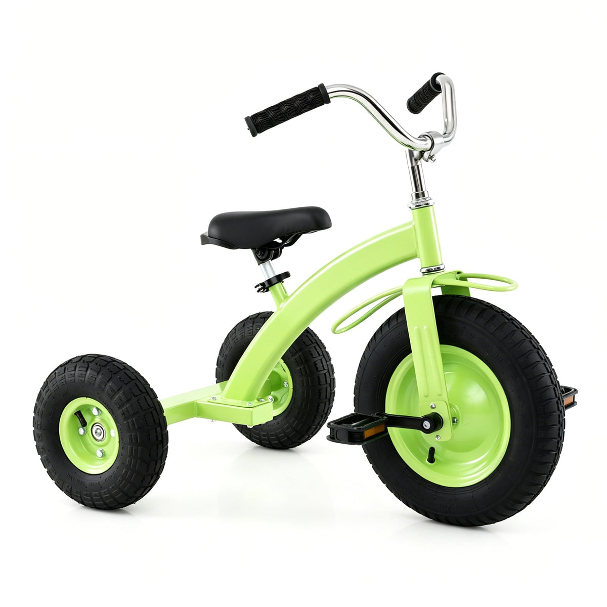 Kids Tricycle with inflatable tires and adjustable handlebar in green, front three-quarter view