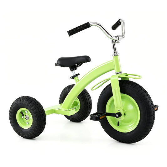 Kids Tricycle with inflatable tires and adjustable handlebar in green, front three-quarter view