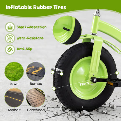 Close-up of the inflatable rubber tires on the green kids tricycle
