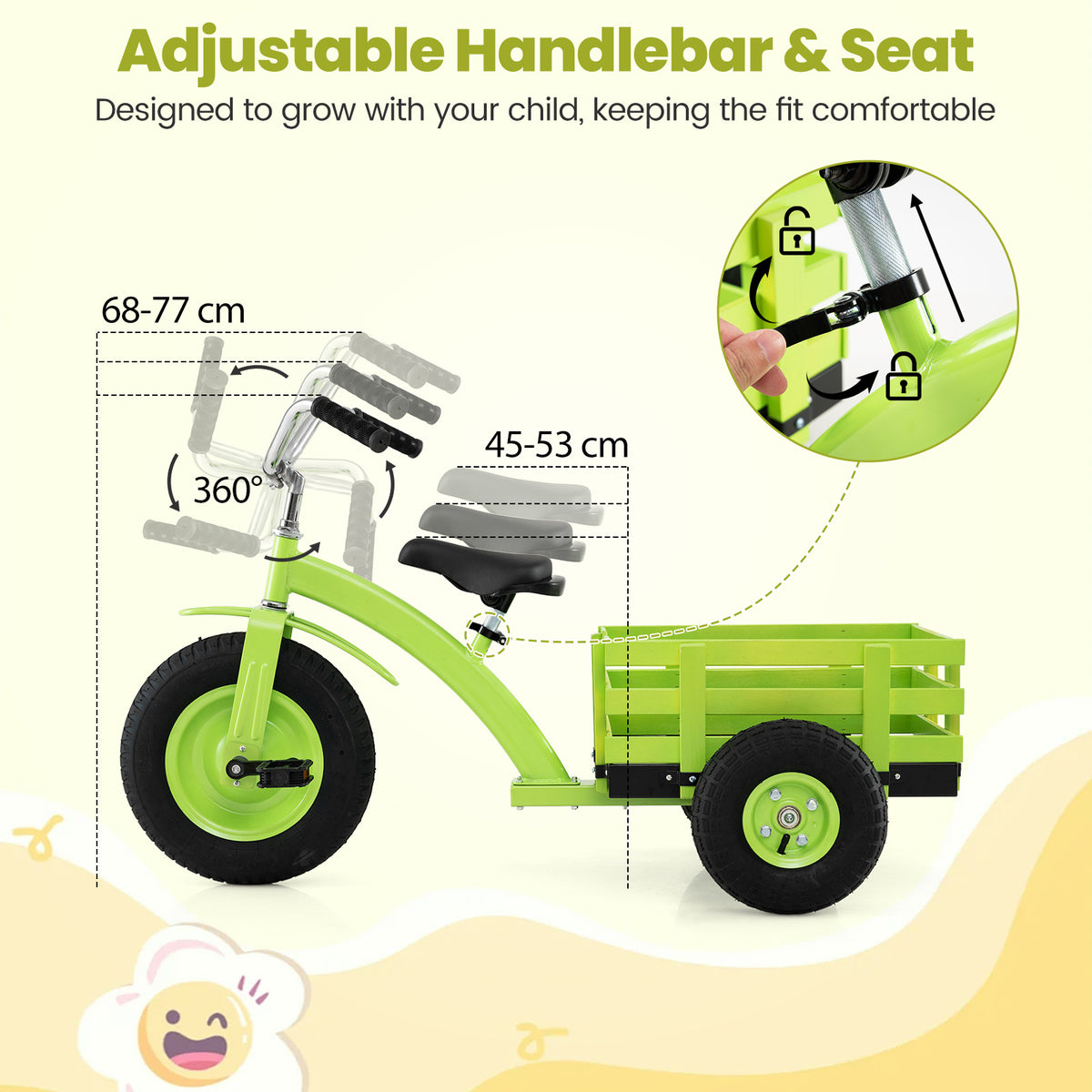 Kids Tricycle, the ride on toy showing the adjustable seat and handlebar height settings for growing children