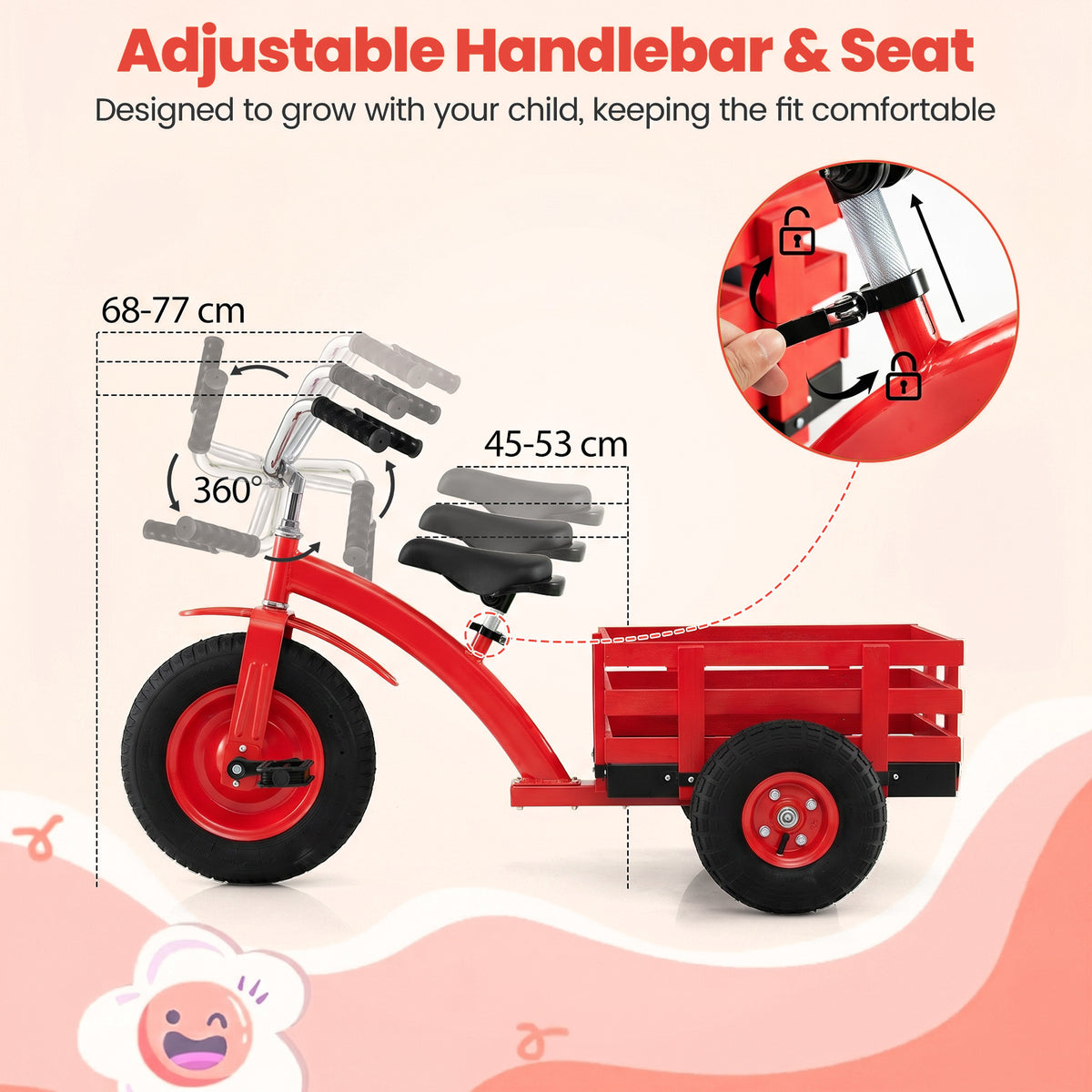 Diagram showing the adjustable handlebar and seat on the red tricycle