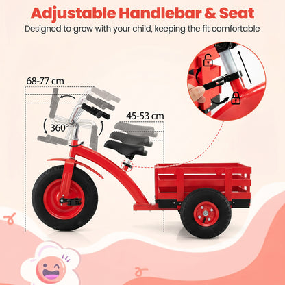 Diagram showing the adjustable handlebar and seat on the red tricycle