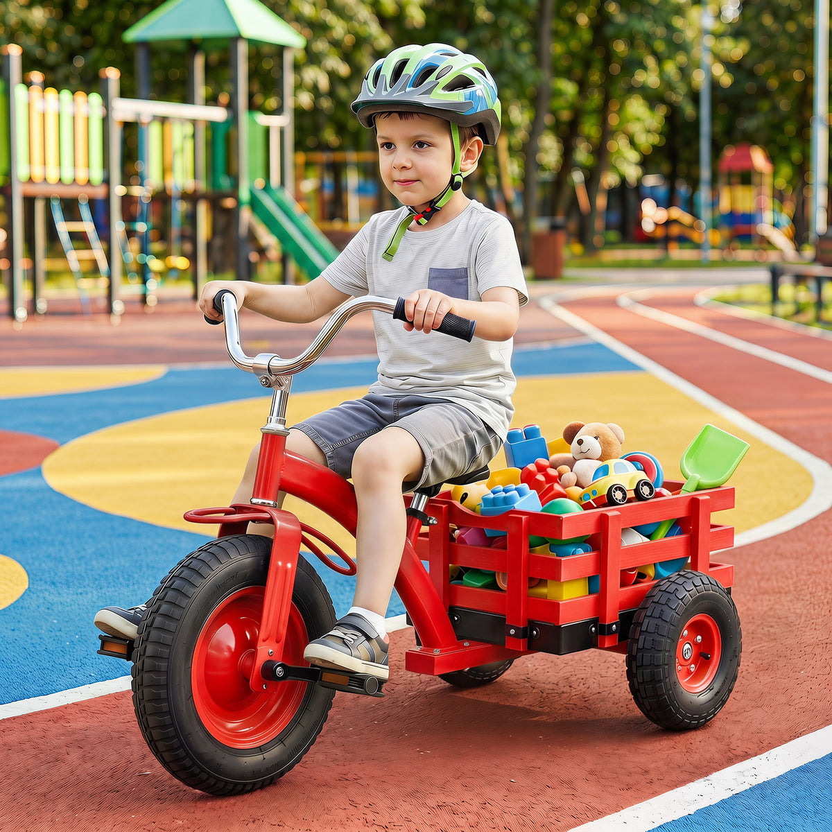 Boy wearing a helmet riding the red tricycle with toys in the basket