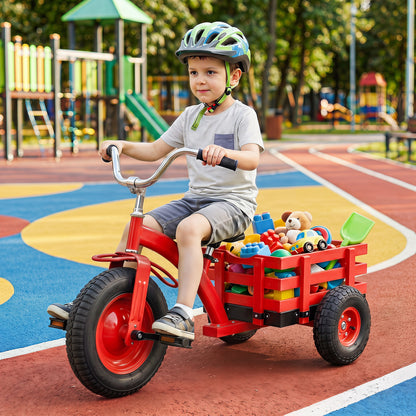 Boy wearing a helmet riding the red tricycle with toys in the basket