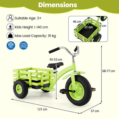 The green ride on toy with arrows indicating the overall length height and basket dimensions
