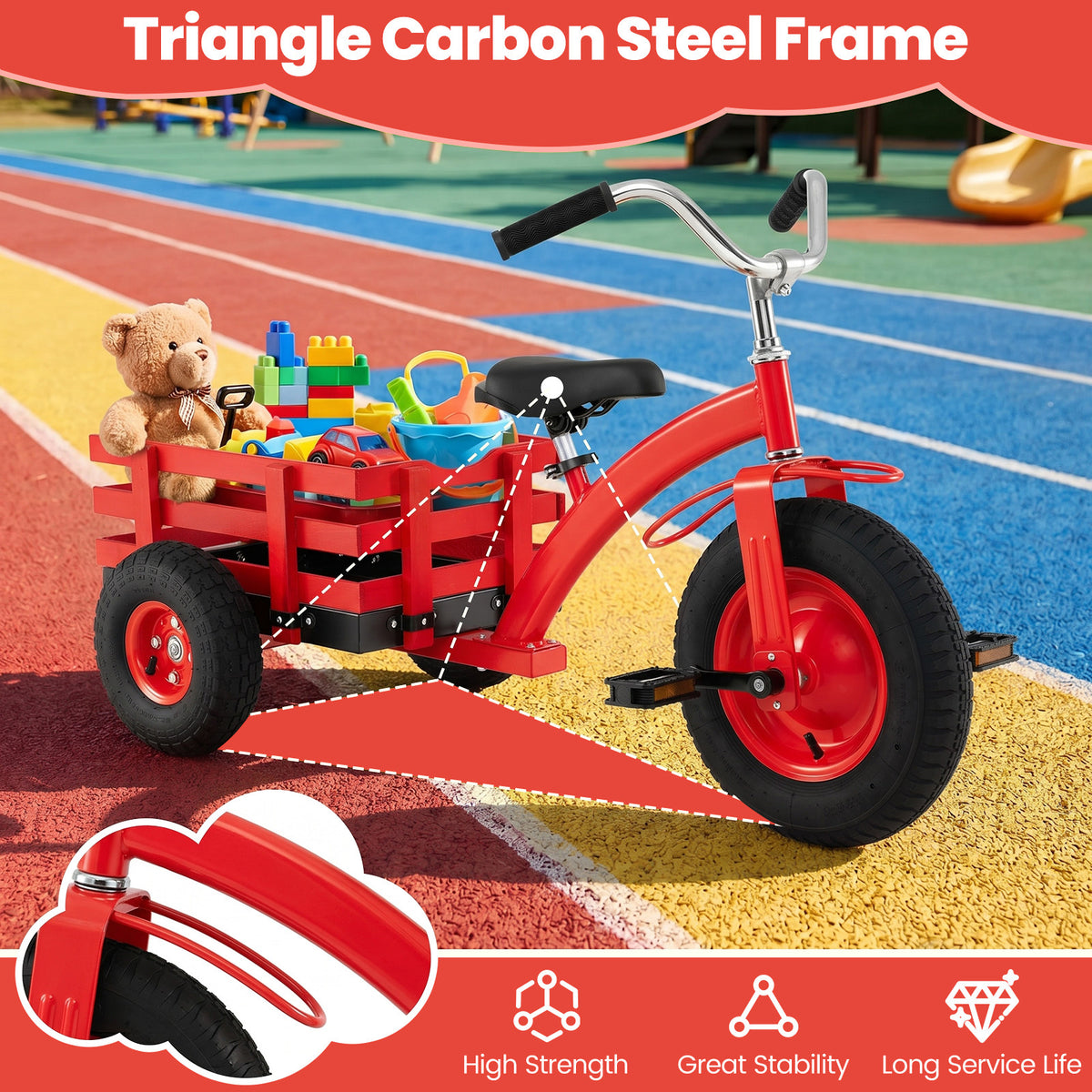 Close up of the red tricycle frame and front wheel, showing strength and stability