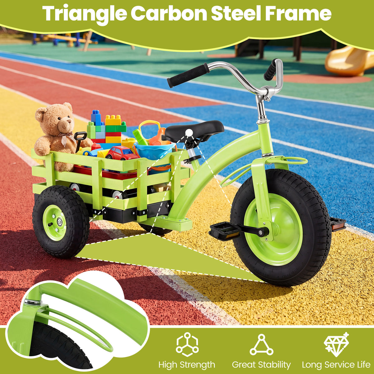 The ride on toy showing the sturdy carbon steel frame construction with a toy filled basket