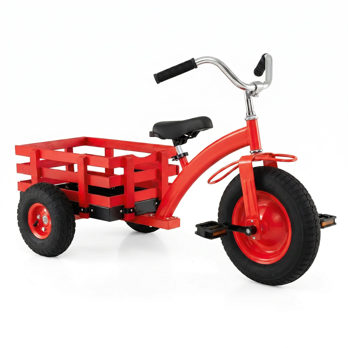 Kids Tricycle with storage basket and inflatable tires in red