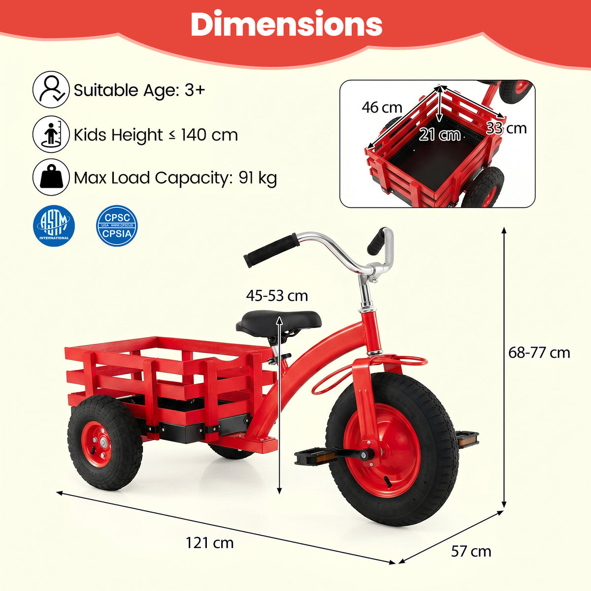 Dimensions diagram for the red kids tricycle, showing height, width and length