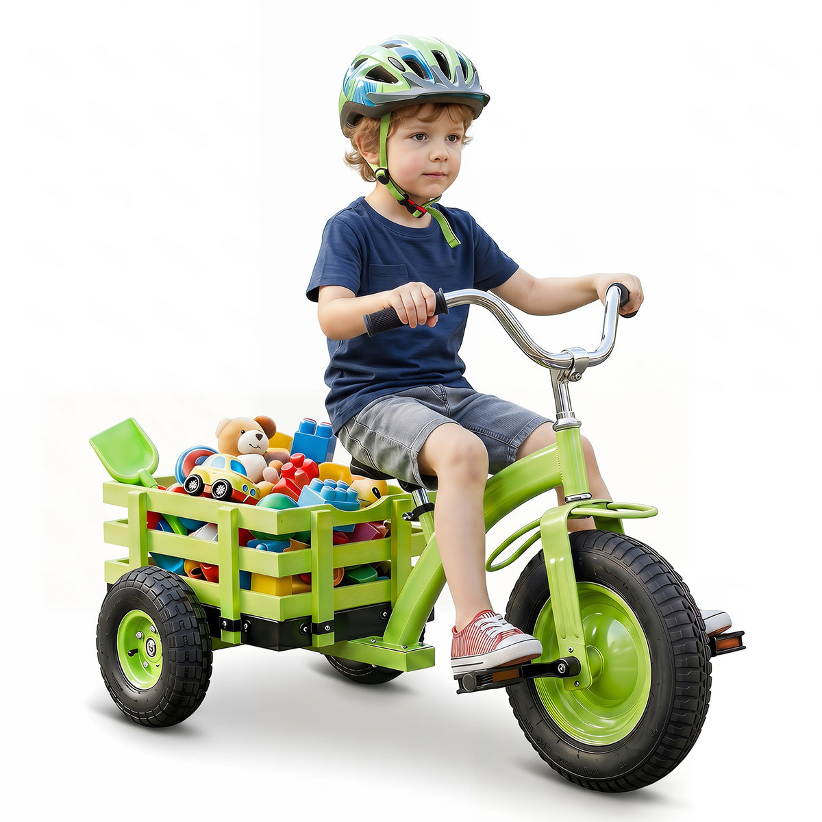 The ride on toy with a child sitting on the seat and a basket full of toys on a white background
