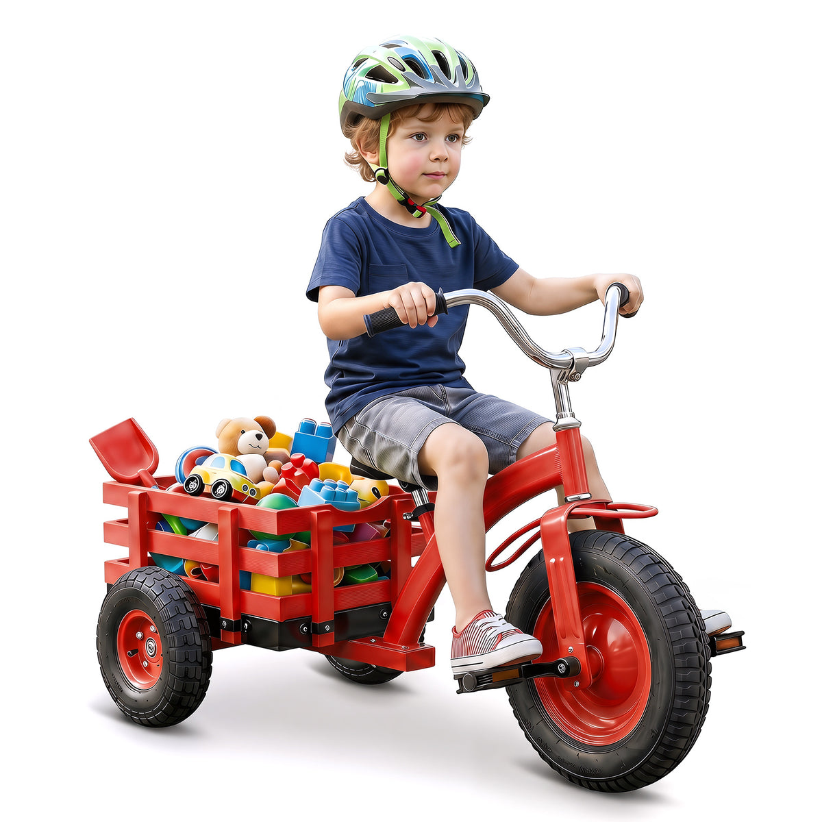 Red tricycle with a storage basket full of toys, shown on a white background