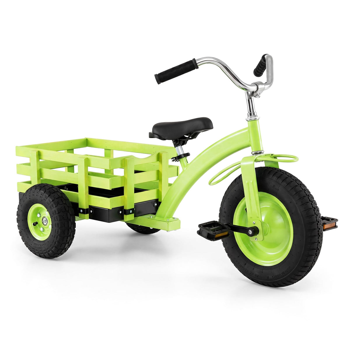 Kids Tricycle with a bright green frame and a rear storage basket on a white background