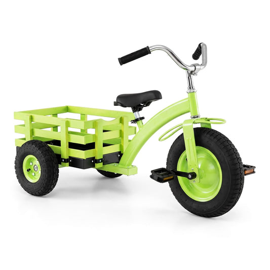 Kids Tricycle with a bright green frame and a rear storage basket on a white background