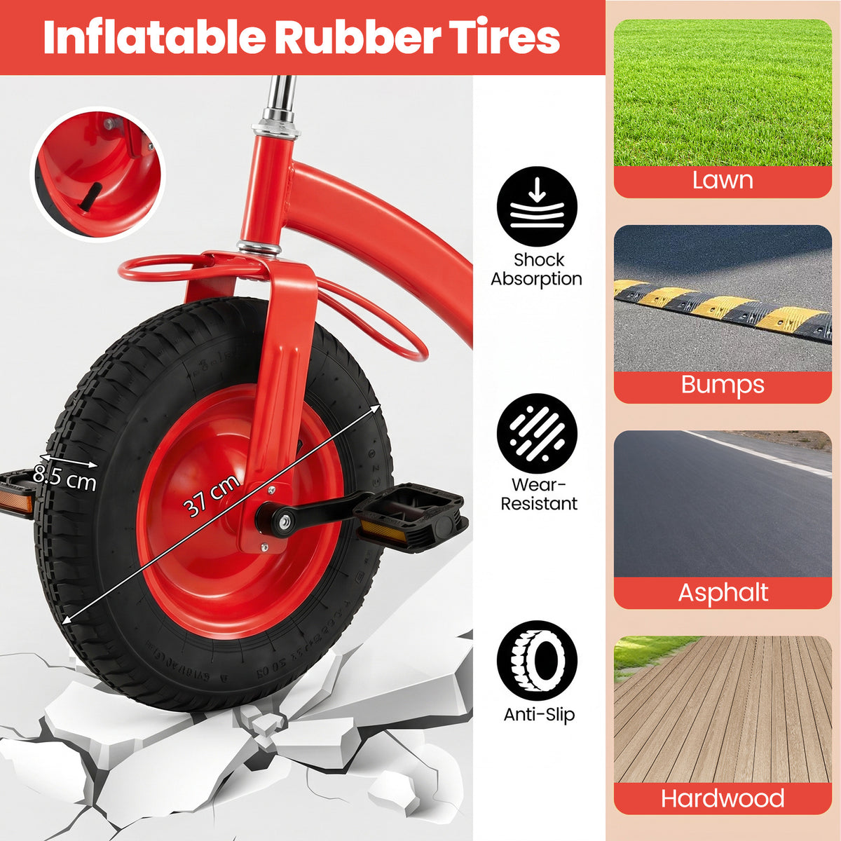 Close up of the inflatable rubber tires on the red tricycle, showing tread and size