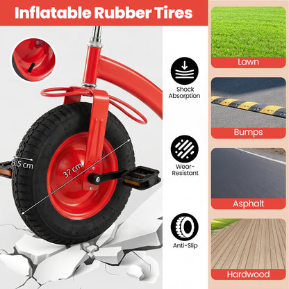 Close up of the inflatable rubber tires on the red tricycle, showing tread and size
