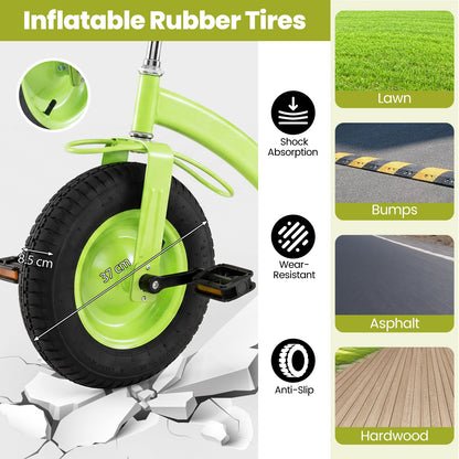 The ride on toy highlighting the inflatable rubber tyres and their suitability for surfaces